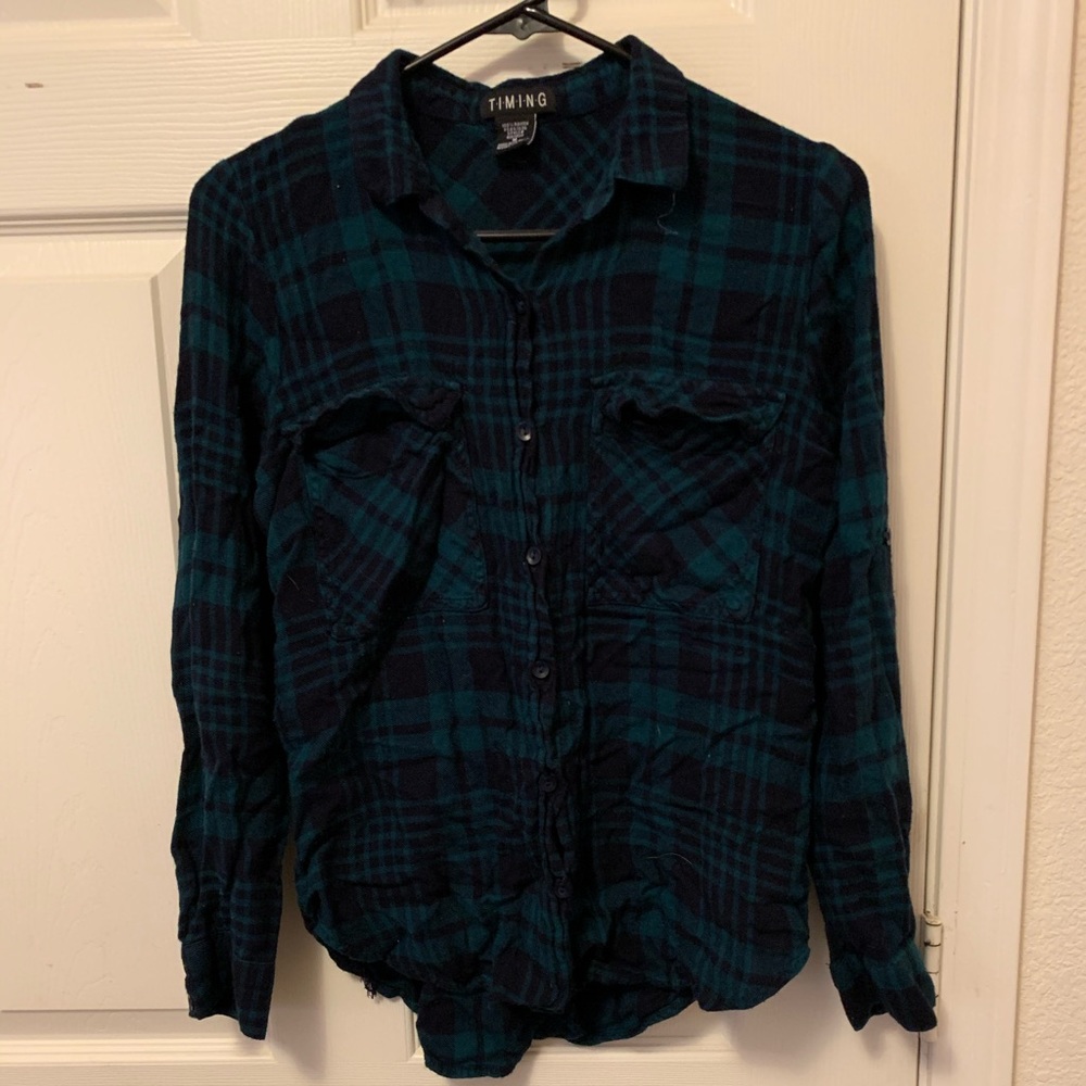 3. Forest green and black plaid flannel-worn